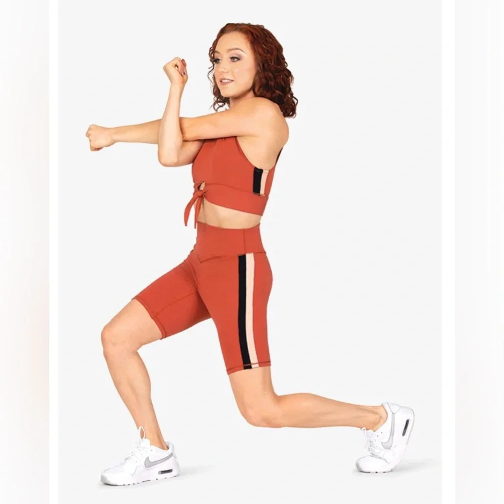 Mariia Burnt Orange Rust Active Crop Top tie front and Biker Shorts adult XS NWT